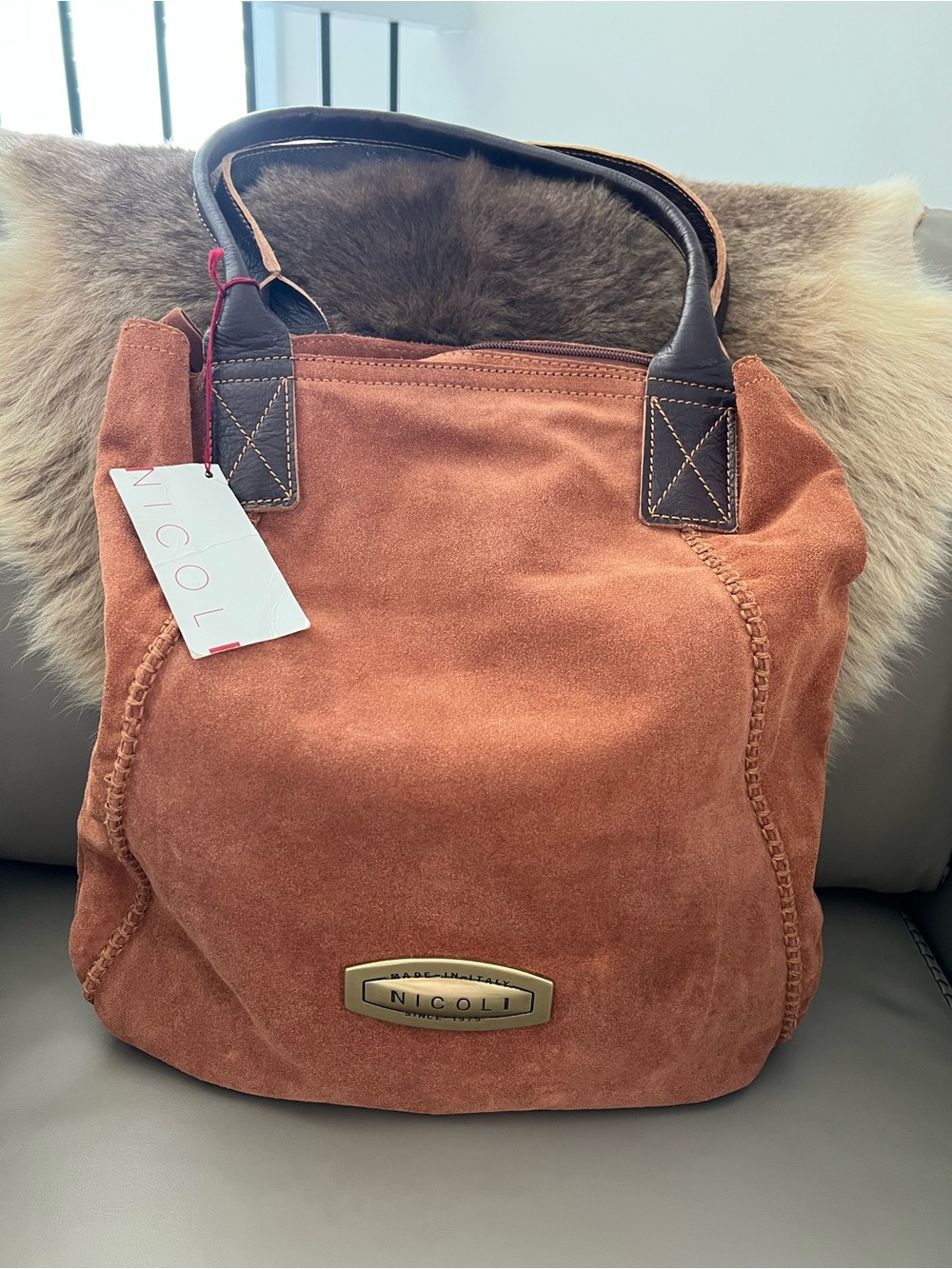 NICOLI Rust Suede Leather Tote Bag Made in Italy - Picture 2 of 13